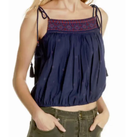 FREE PEOPLE Navy Blue Eternal Love Embroidered Tassel Tank Size Medium NEW! - Picture 5 of 12